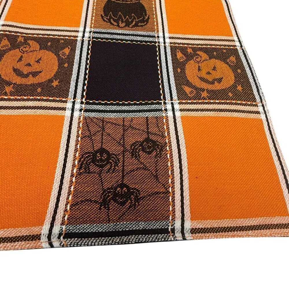 Halloween Placemats Set of Four Pumpkin Orange Black Check Cotton Tapestry